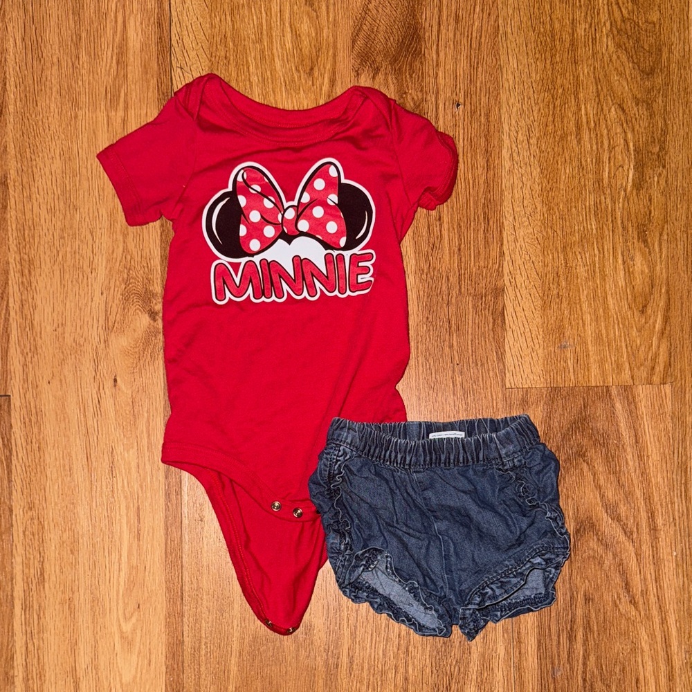 Jumping Beans Red Minnie Mouse Bodysuit with Denim Shorts